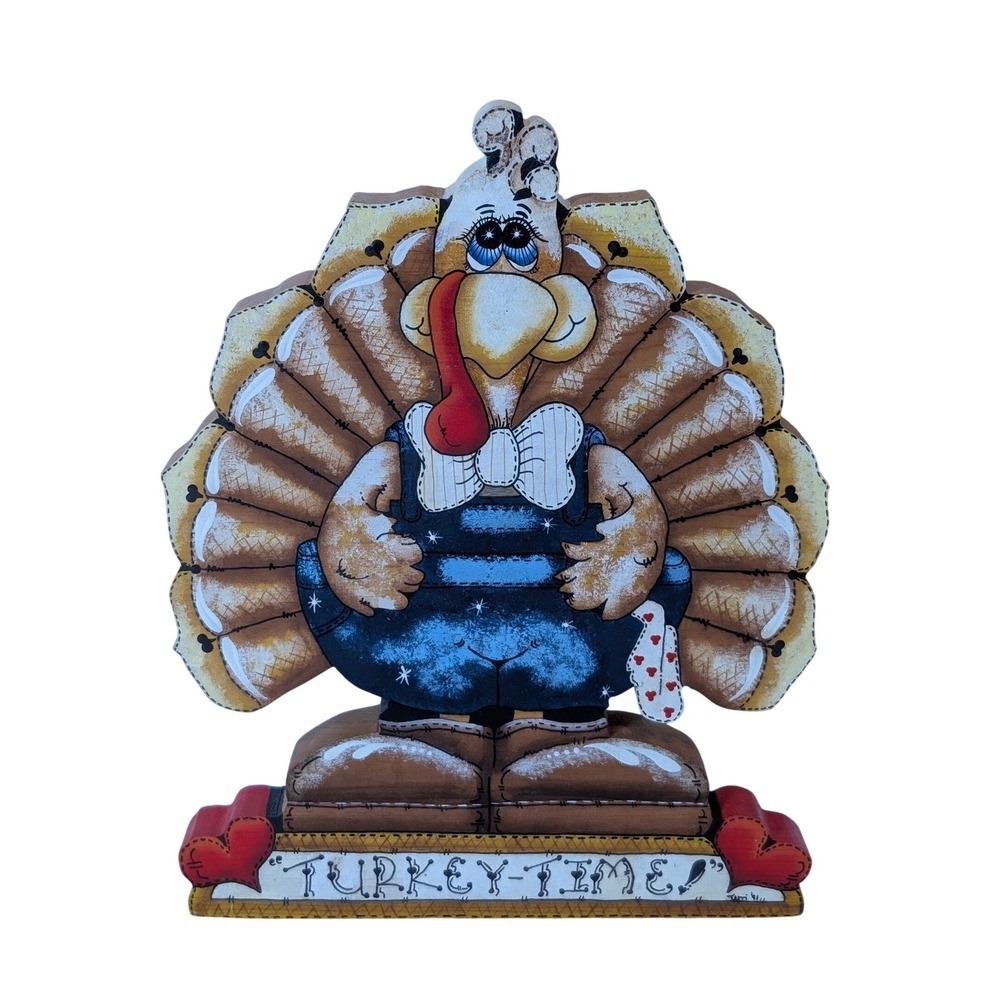 Vintage Hand Painted‎ Wood Turkey Time Thanksgiving Table Decor Whimsical 1991
